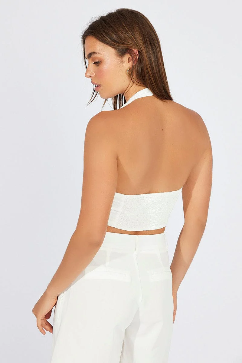White Halter Neck Vest V Neckline Linen