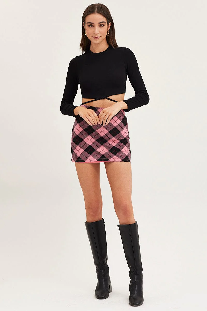 Black Rib Top Long Sleeve Tie Waist