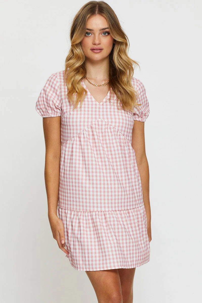 Check Mini Dress V Neck