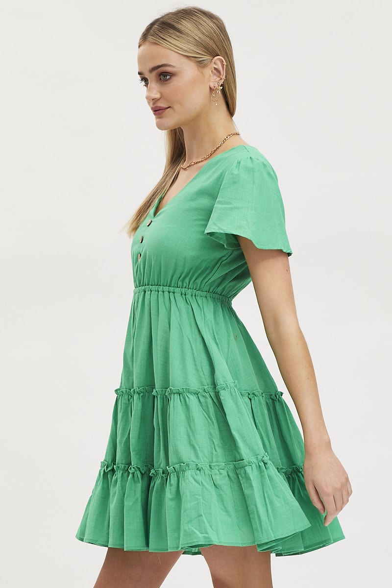 Green Skater Dress Short Sleeve Mini