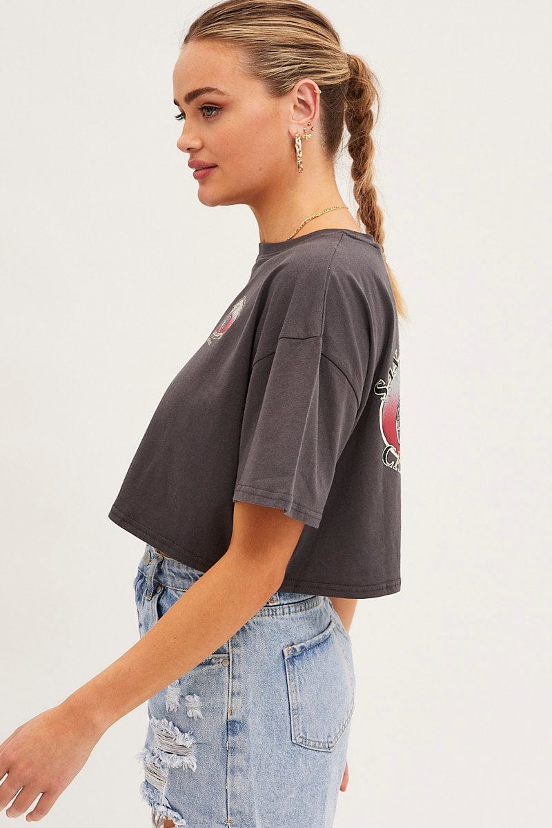 Grey Graphic Tee Short Sleeve Round Neck Cotton
