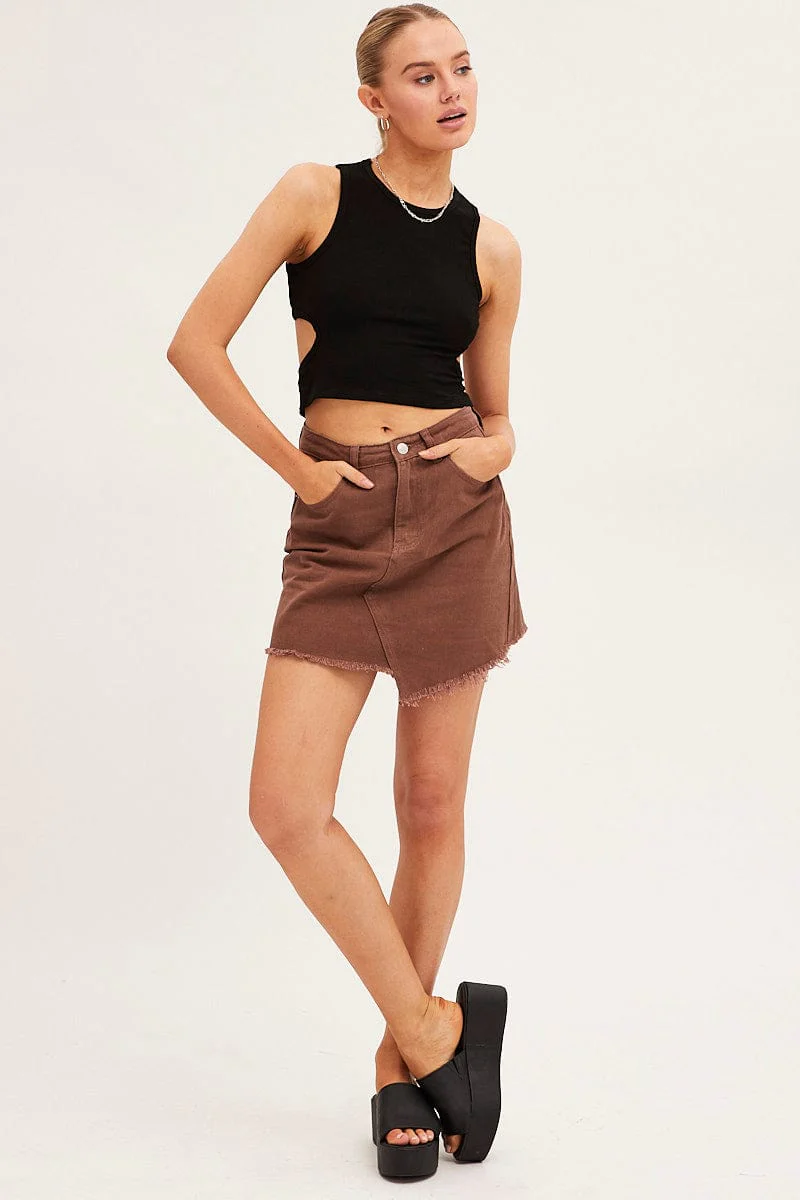 Brown Denim Skirt Mini Asymmetric Hem