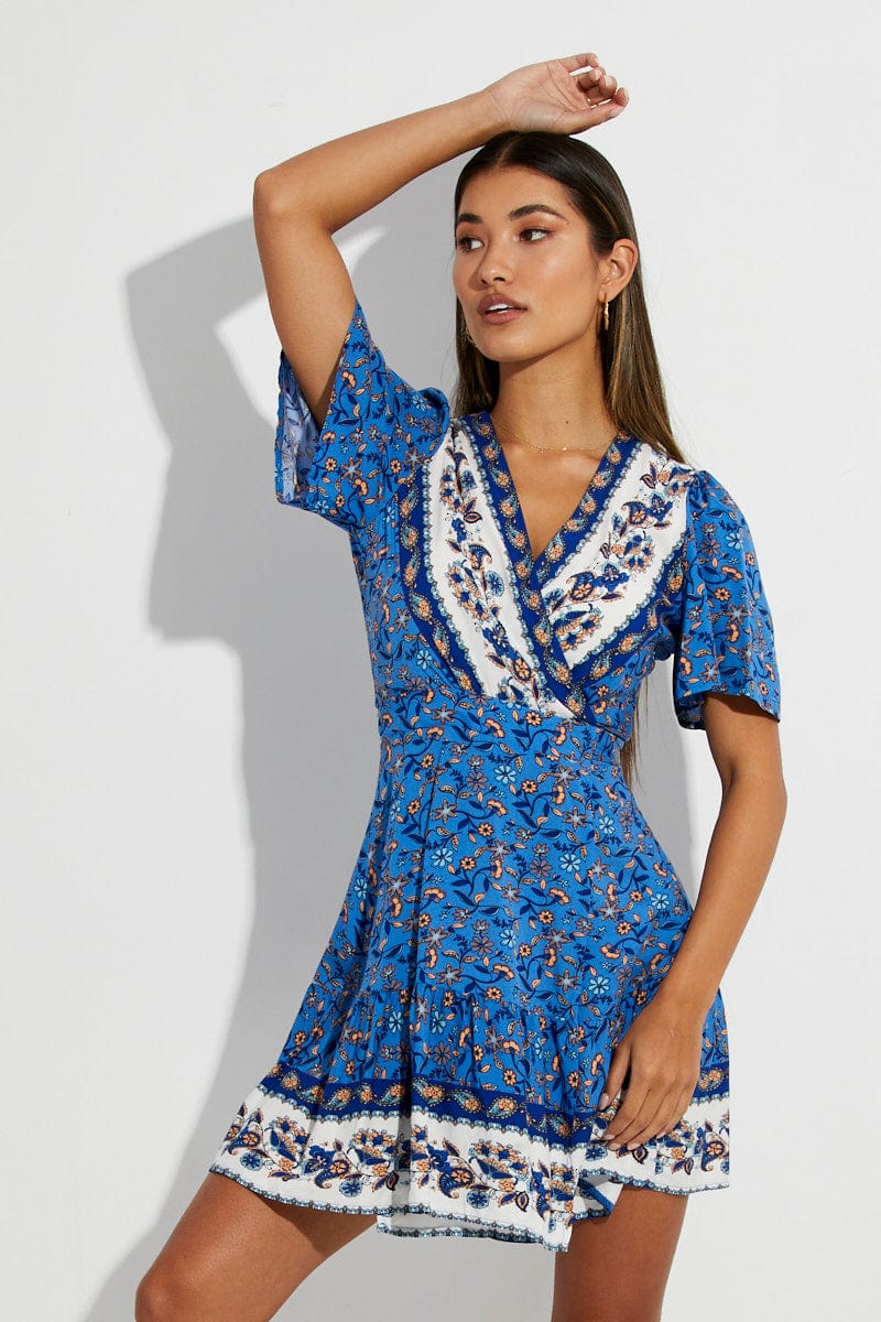 Blue Boho Boho Wrap Mini Dress