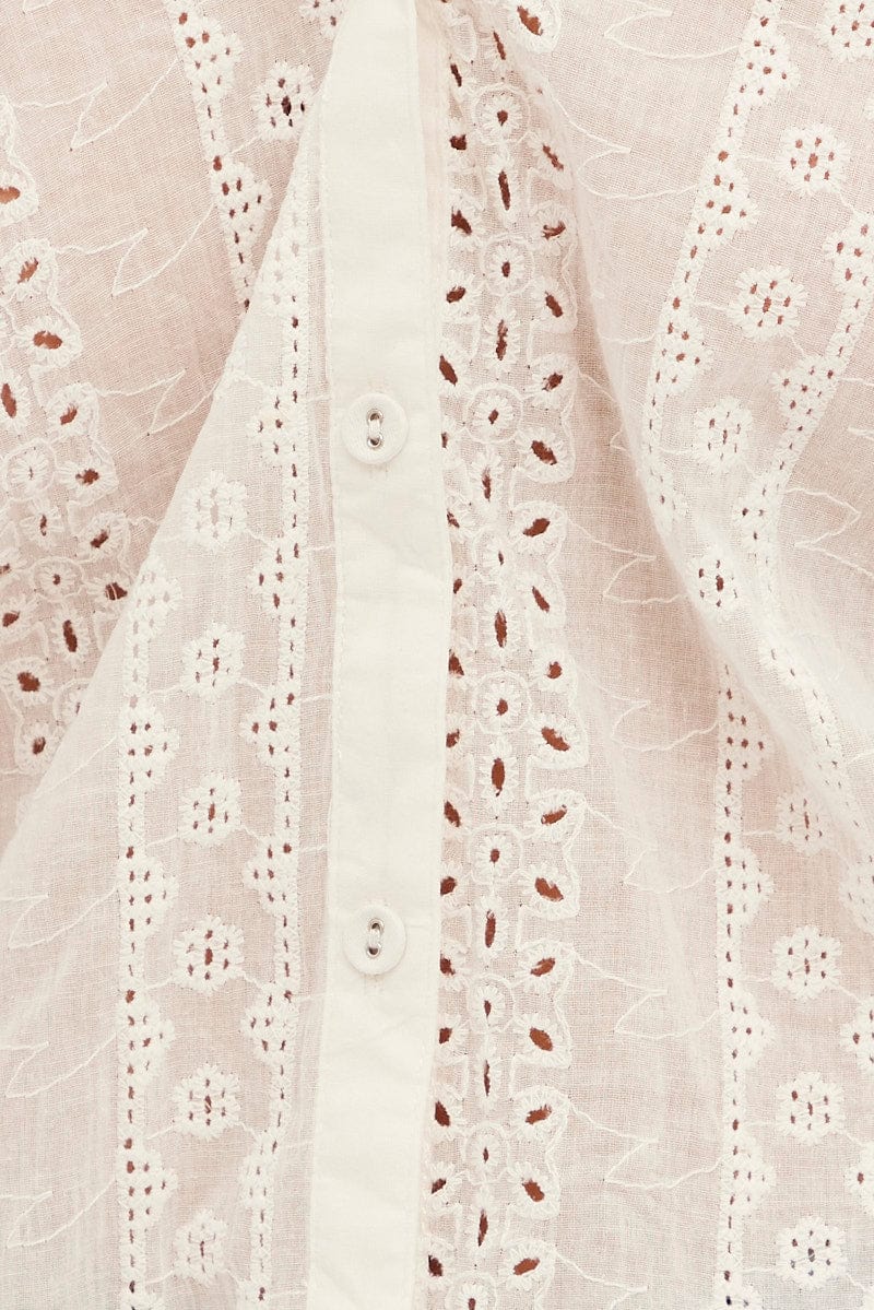 White Shirt 3/4 Sleeve Banded Collar Longline Broidery