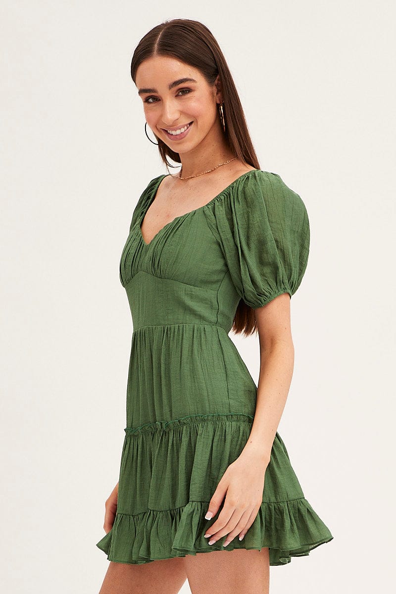 Green Fit And Flare Dress Puff Sleeve Sweetheart Neck