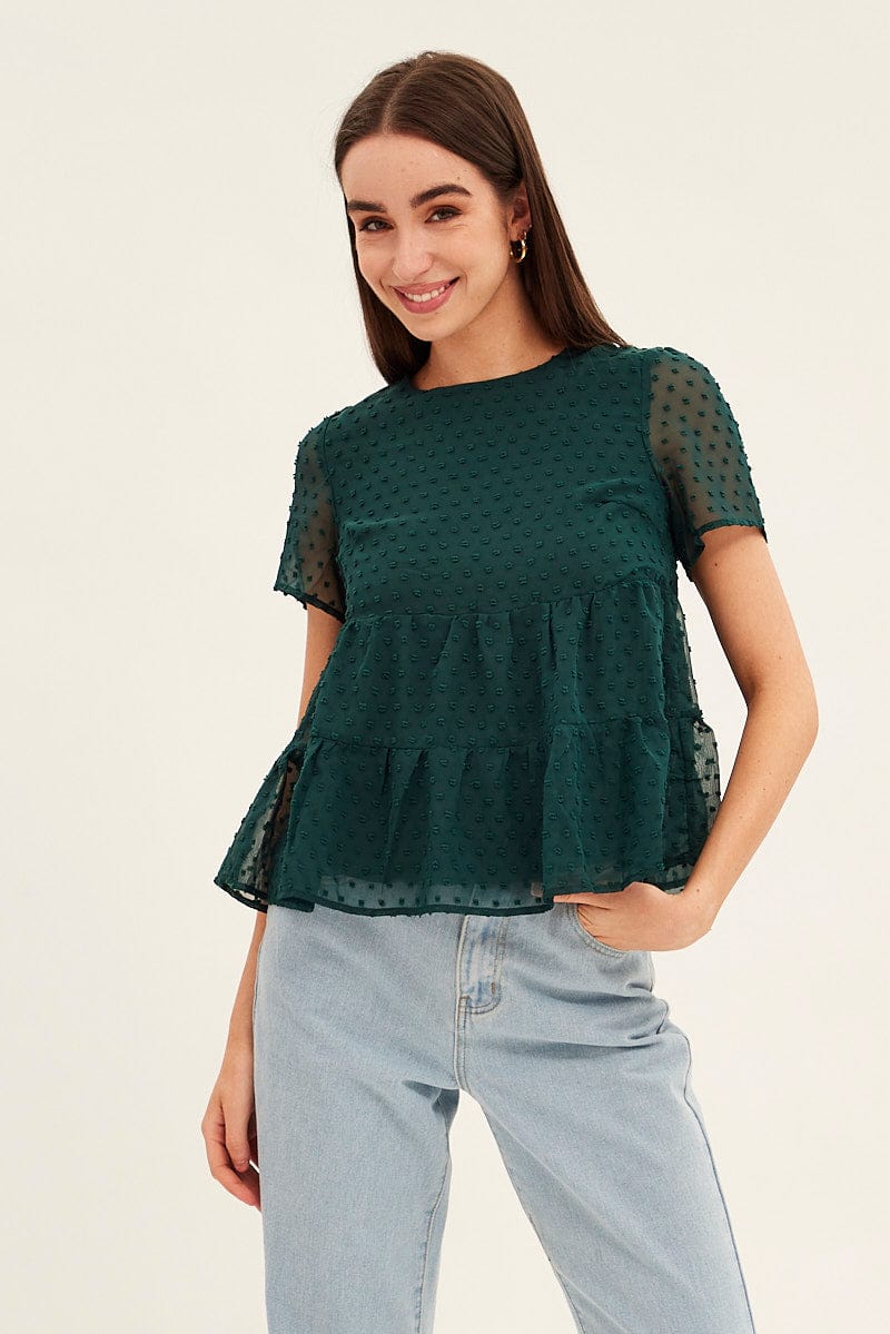 Forest Dobby Chiffon Flutter Sleeve Tiered Hem Top