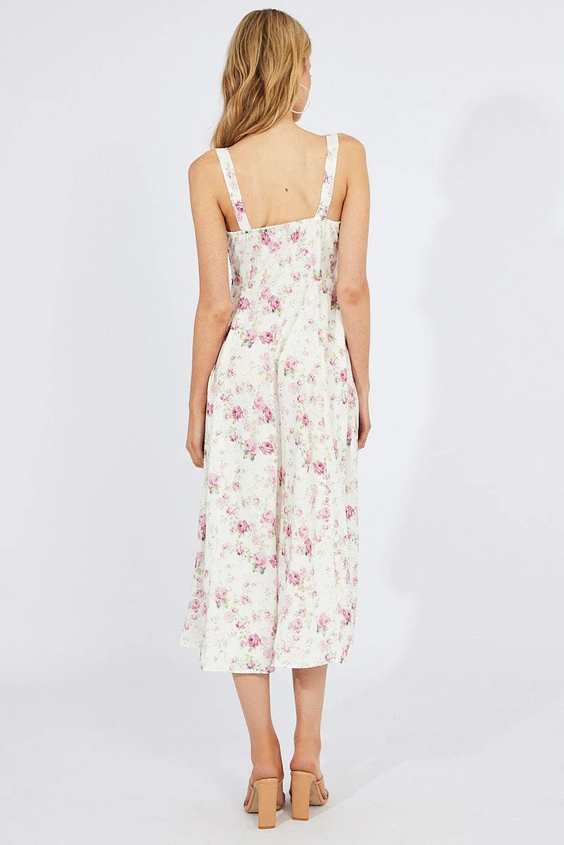 White Floral Midi Dress Gathering Bust Sleeveless