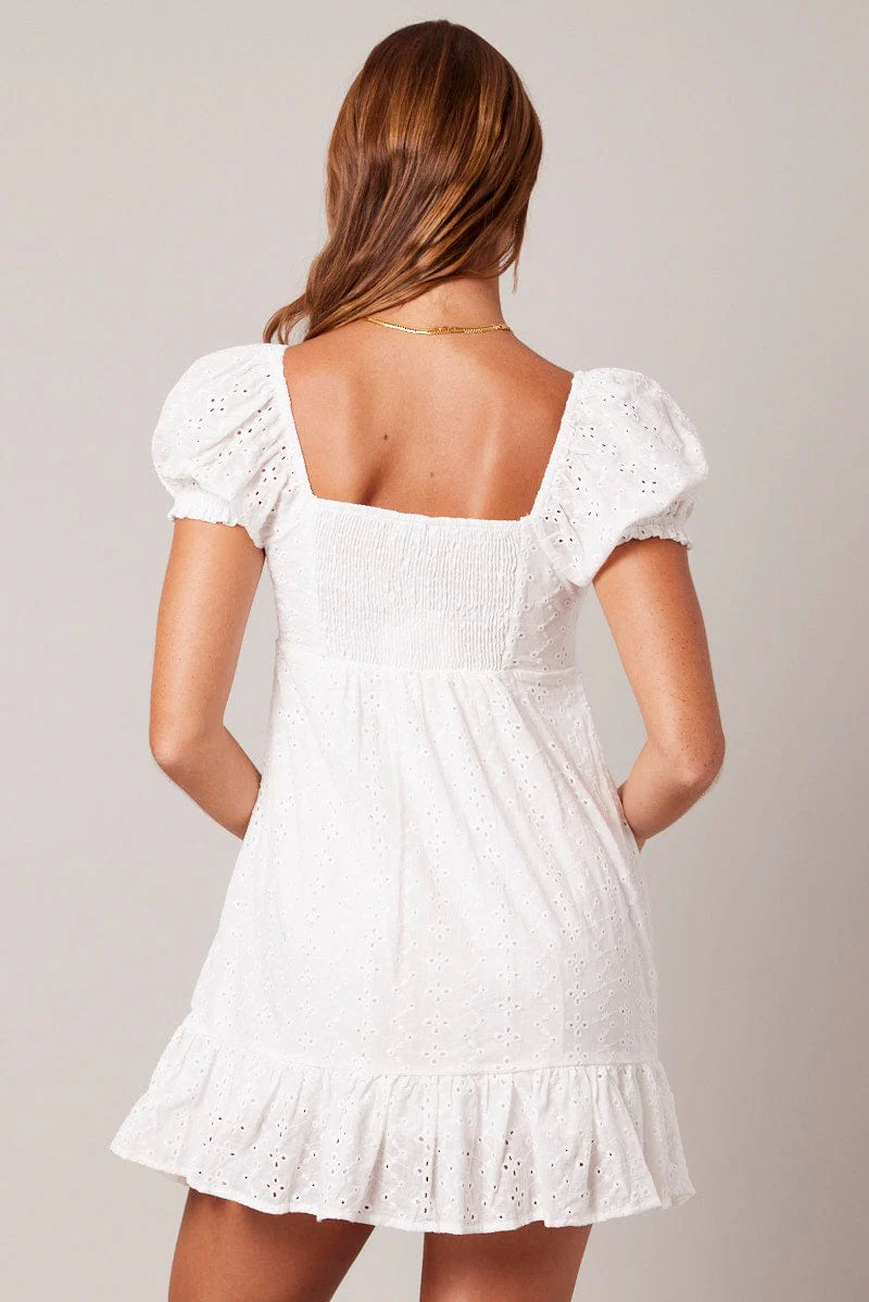 White Fit And Flare Dress Puff Sleeve Mini