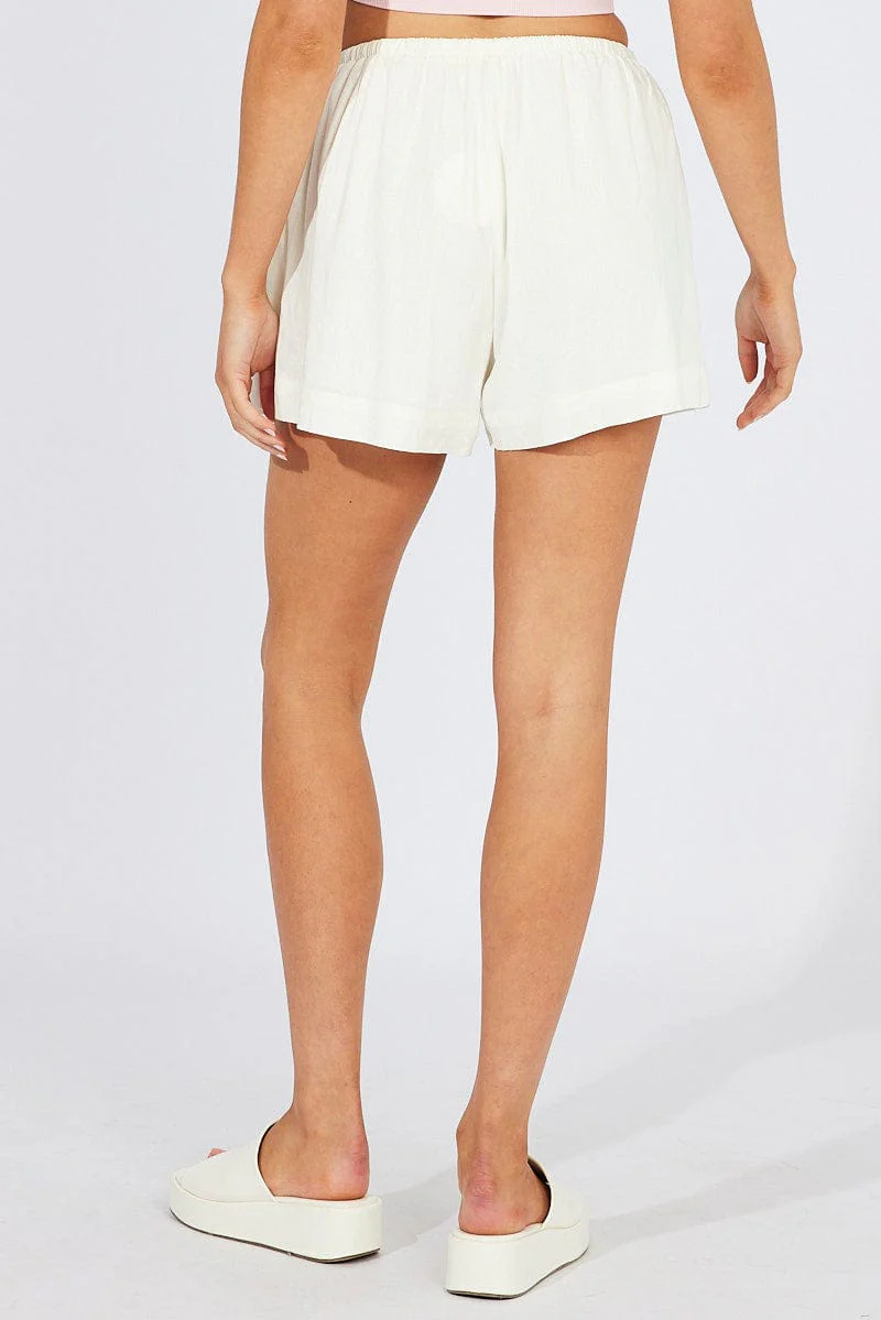 White Shorts Mid Rise Linen Blend