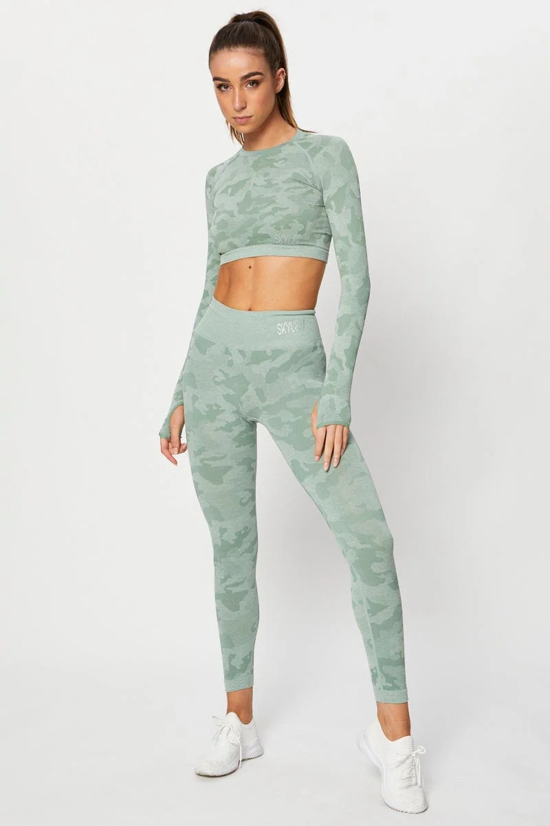 Green Seamless Camo Activewear Long Sleeve Top