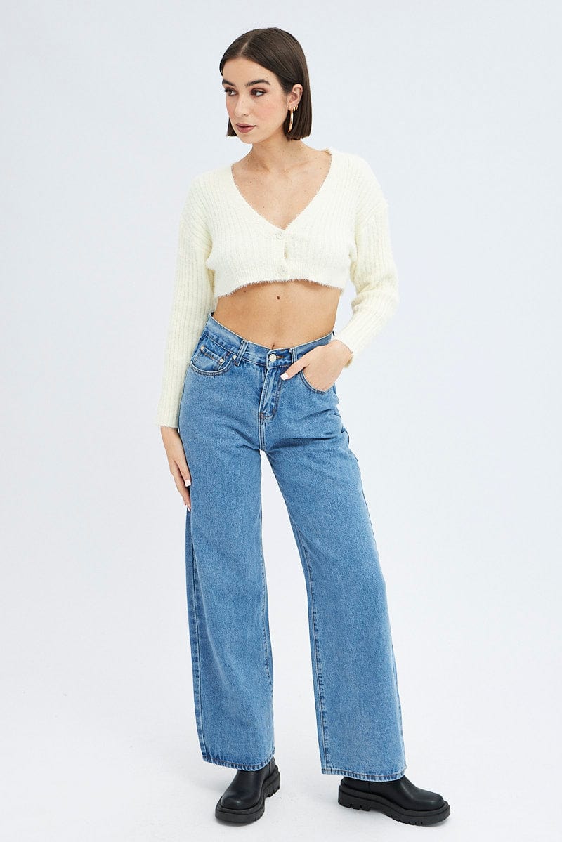 White Crop Knit Cardigan V Neck