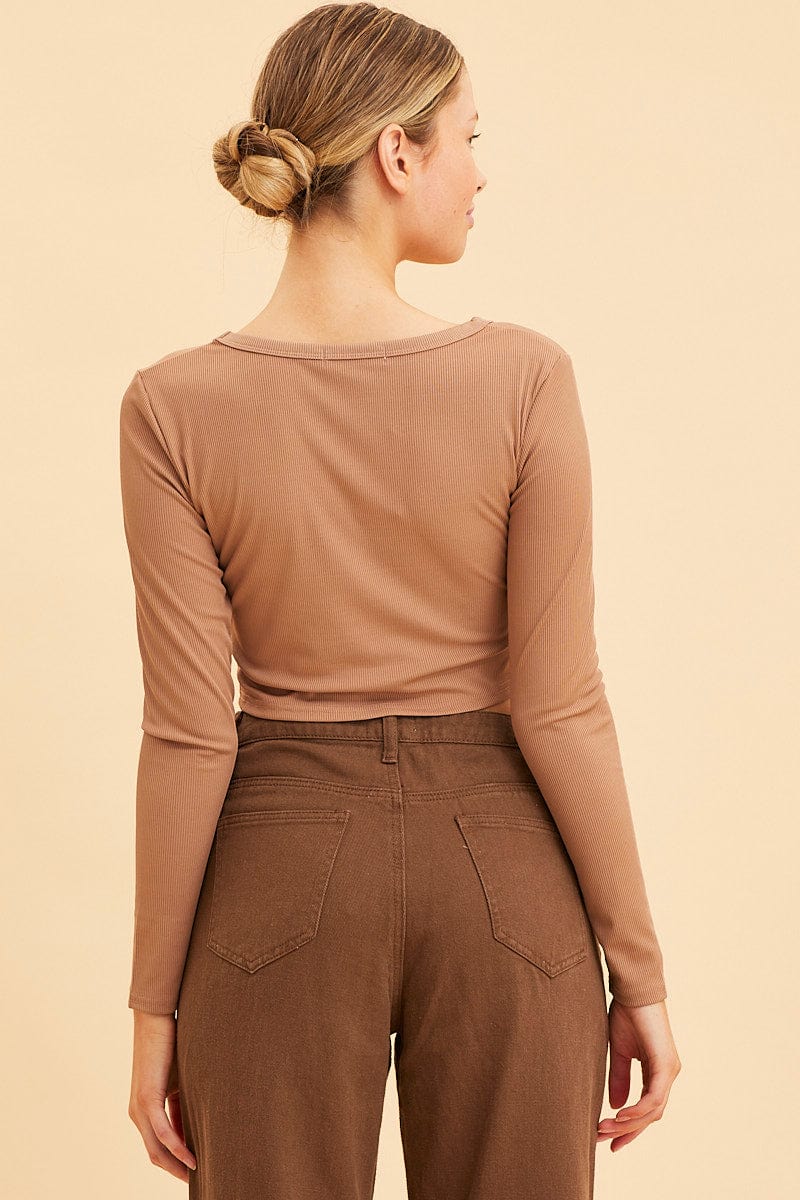 Brown Crop Top Scoop Neck Long Sleeve Rib