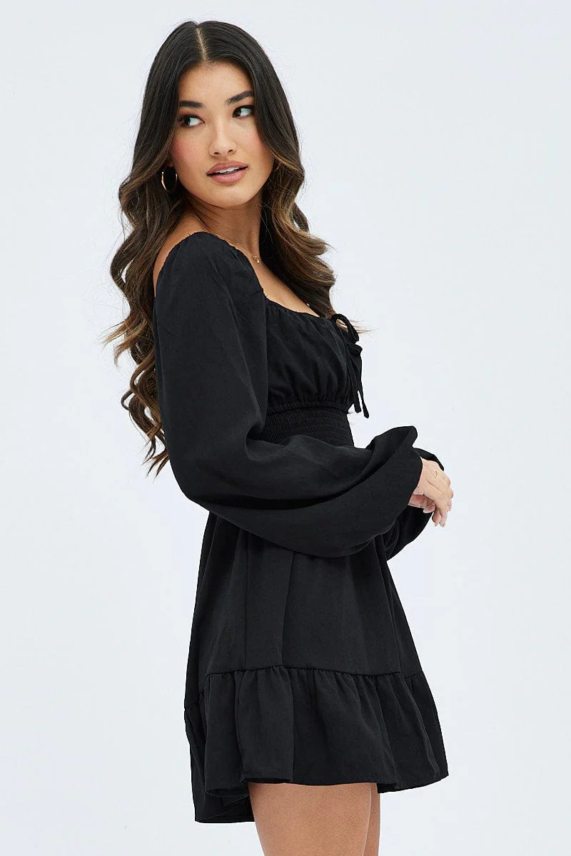 Black Fit and Flare Dress Long Sleeve  Ruched Bust