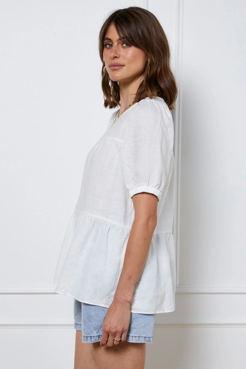 White Top Short Sleeve Relaxed Linen