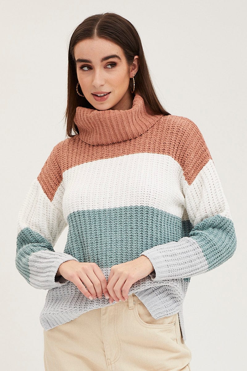 Stripe Knit Top Long Sleeve Relaxed Turtleneck