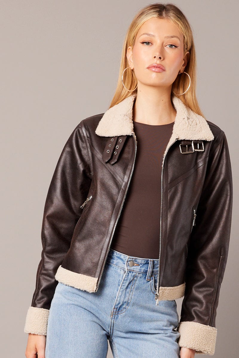 Brown Oversized Jacket Collared Long Sleeve Faux Leather