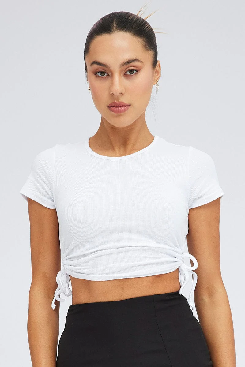 White Side Ruching Top Short Sleeve Crop