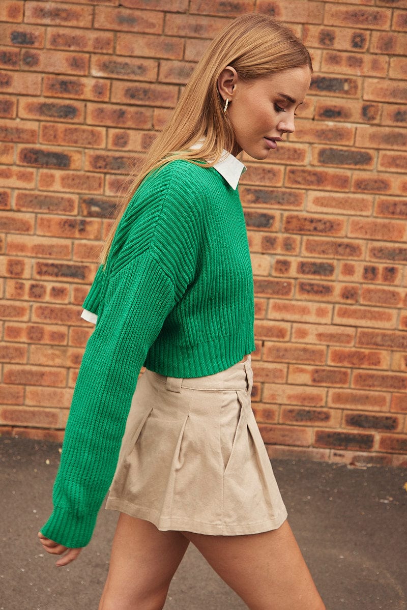 Green Knit Jumper Round Neck Long Sleeve Crop Cotton