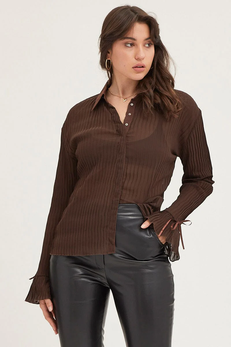 Brown Pleated Shirt Long Flare Sleeve