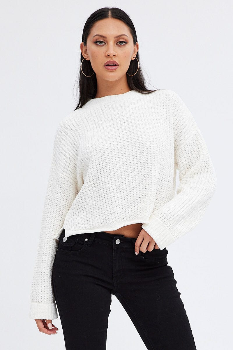 White Knit Jumper Round Neck Chenille