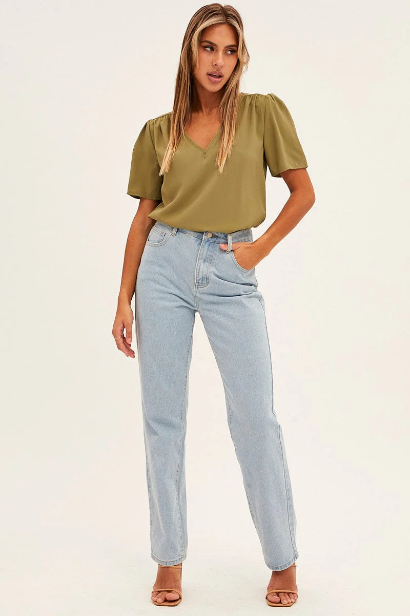 Green Workwear Printed V Neck Short Sleeve Top