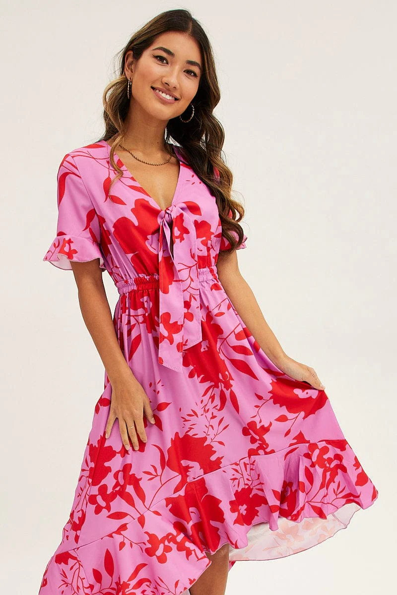 Pink Floral Tie Front Floral Midi Dress