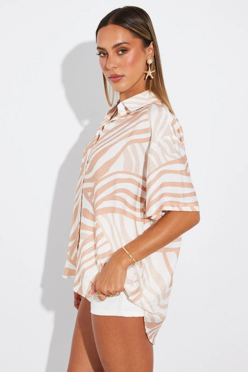 Beige Abstract Shirt Short Sleeve
