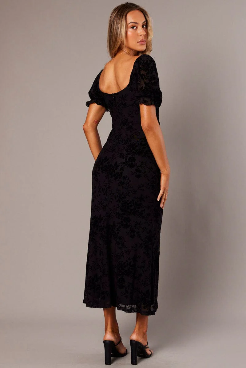 Black Midi Dress Puff Sleeve Burn Out