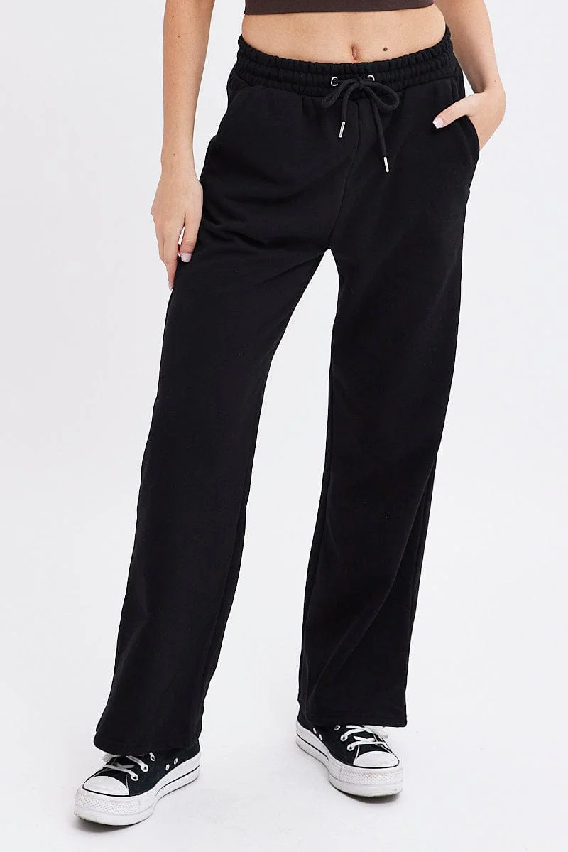 Black Wide Leg Track Pants High Rise