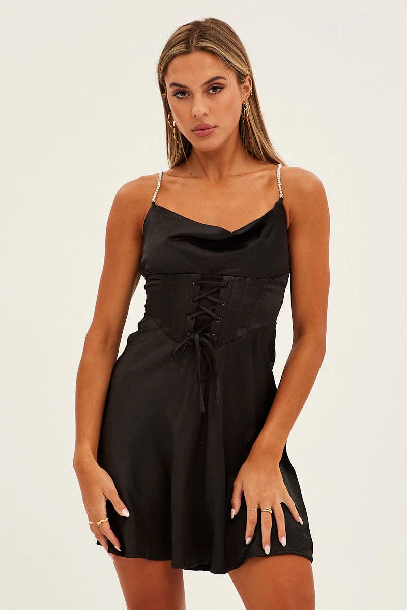 Black Mini Dress Sleeveless Cowl Neck Diamantes Corset