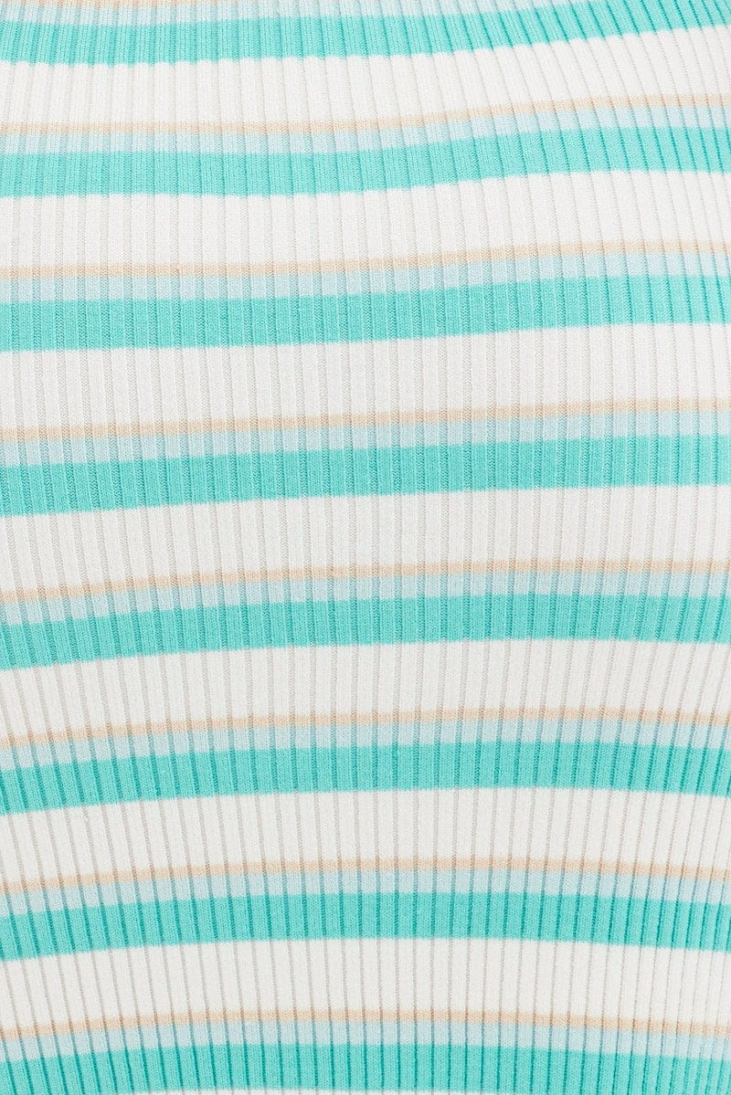 Blue Stripe Knit Dress Midi Square Neck