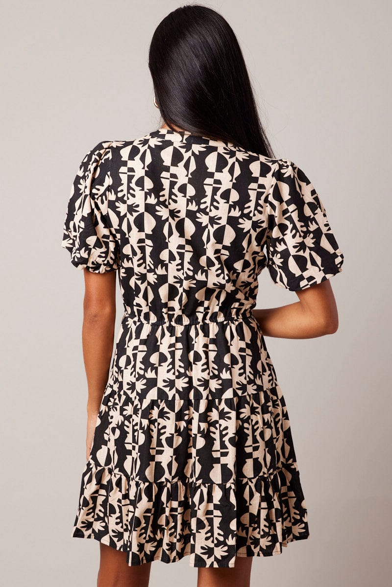 Black Abstract Fit And Flare Dress Puff Sleeve Mini