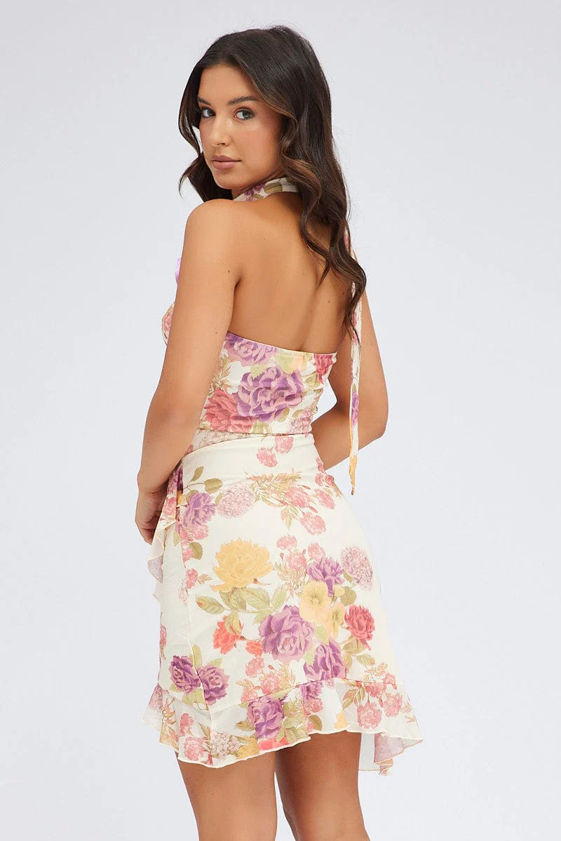 White Floral Mini Dress Sleeveless Scarf Ruffled Rosette Brooch