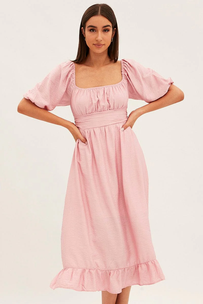Pink Evening Square Neck Maxi Dress
