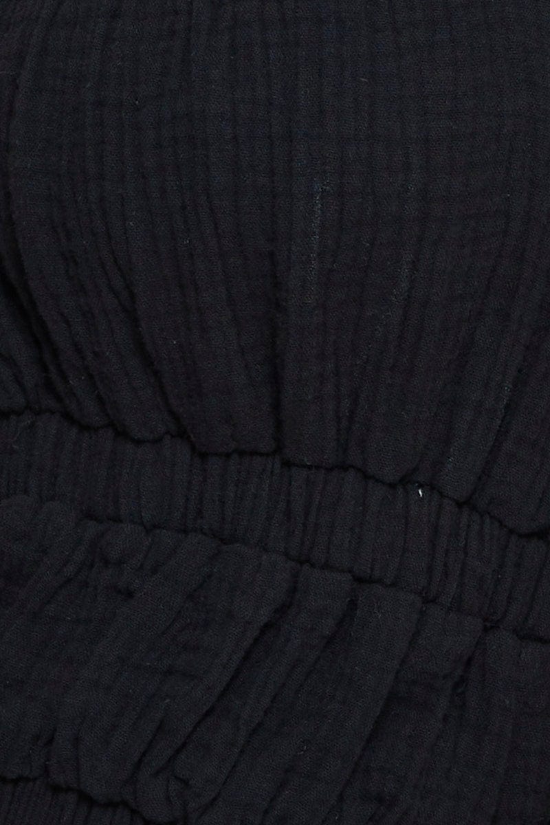 Black Crop Top Short Sleeve Gathered Bust