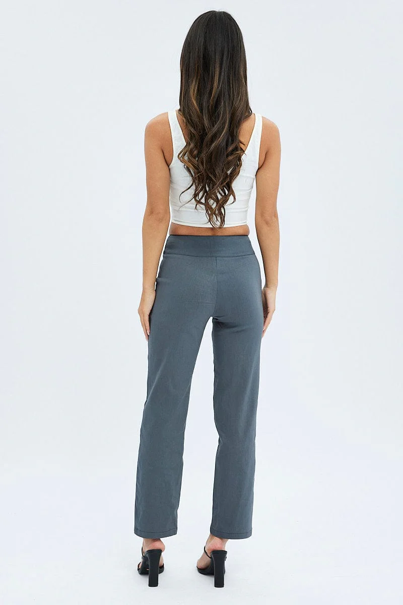 Grey Straight Fit Pants Mid Rise