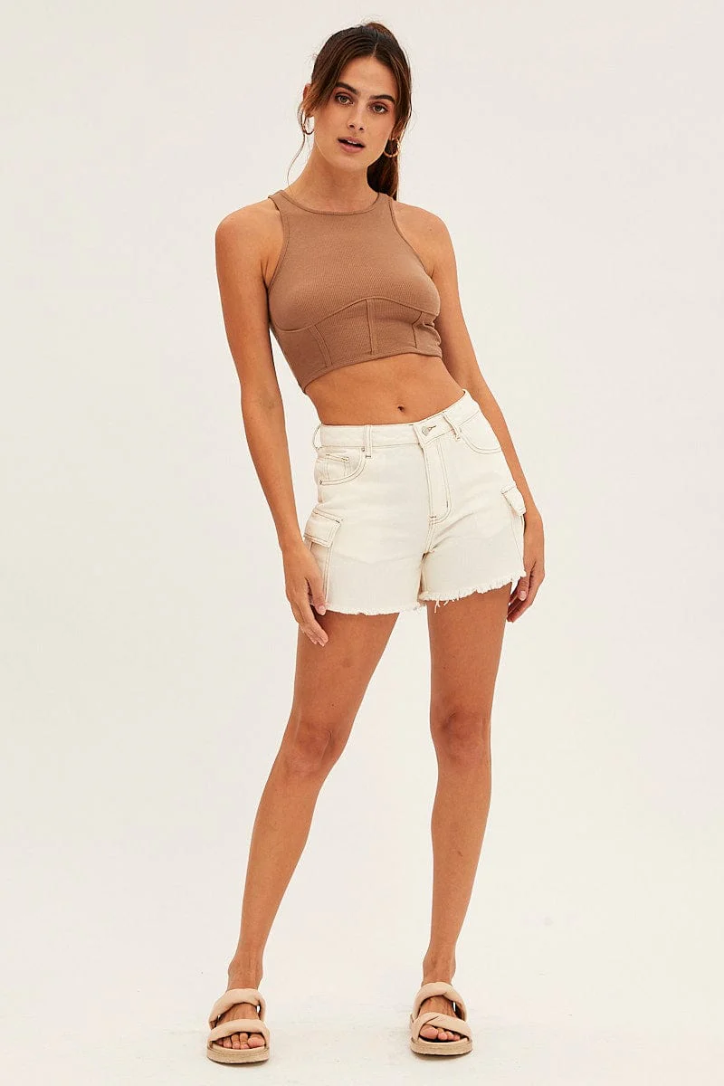 White Cargo Denim Shorts High Rise