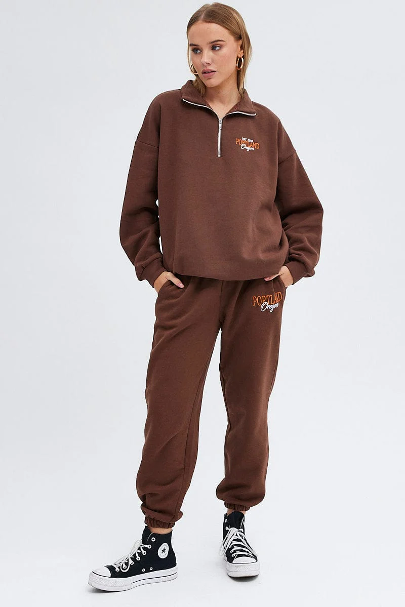 Brown Track Pants High Rise Jogger