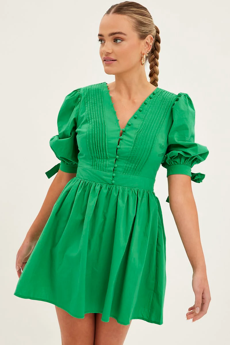 Green Button Dress Puff Sleeve V Neck Cotton