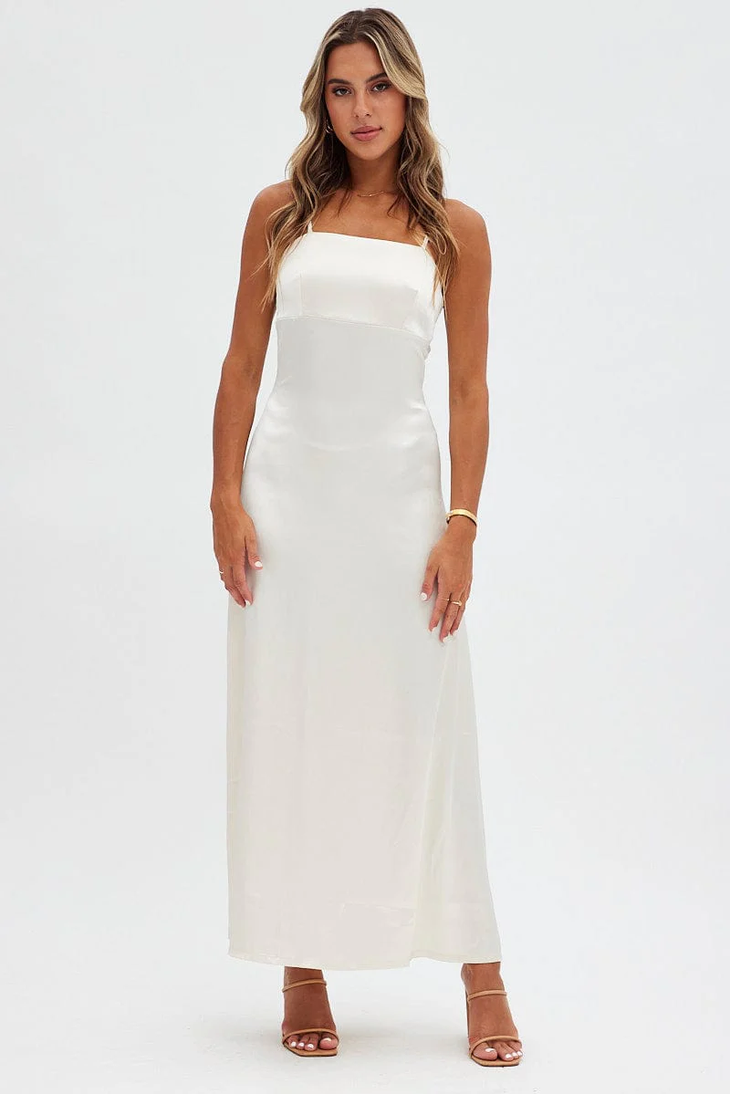 Beige Satin Straight Maxi Dress