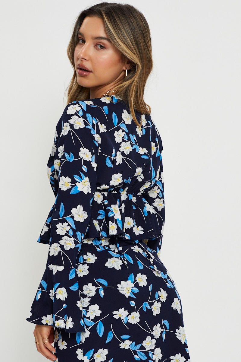 Print Peplum Top Long Sleeve Off Shoulder