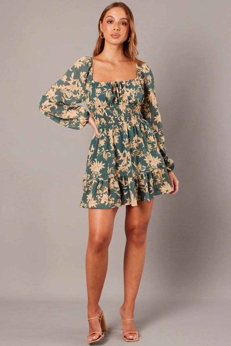 Green Floral Fit and Flare Dress Long Sleeve Ruched Bust