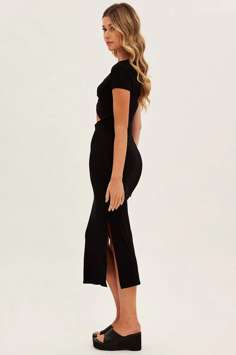 Black Bodycon Dress Rib Twist Front Cut Out Short Sleeve