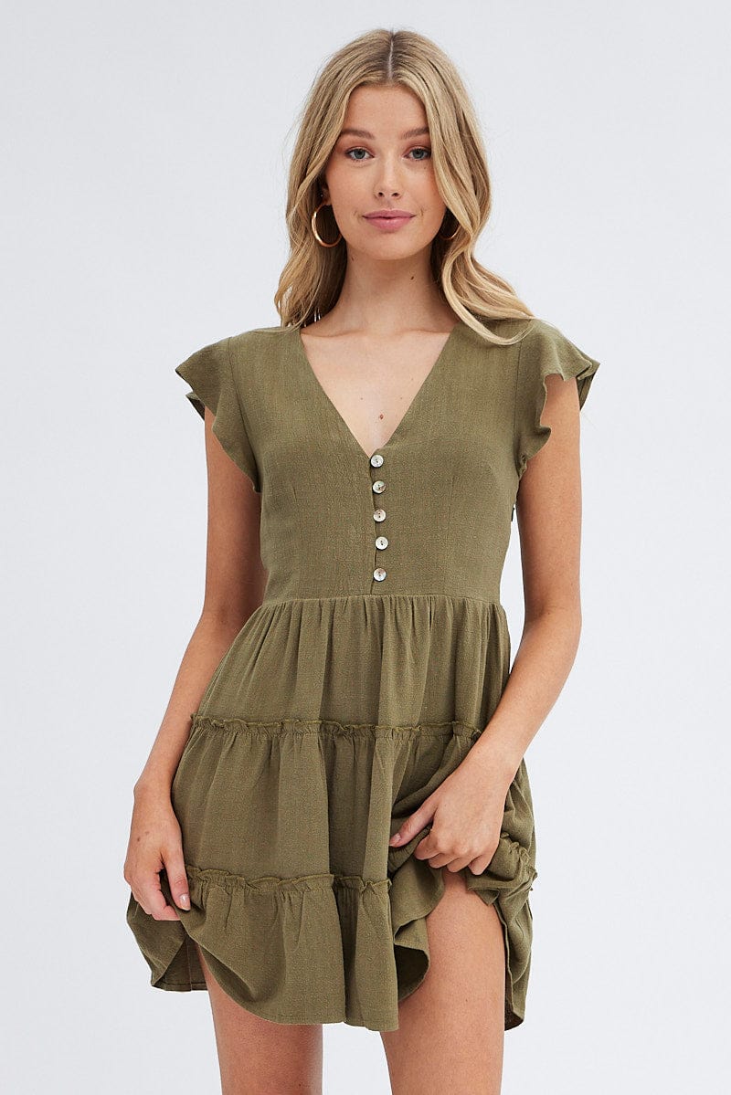 Green Fit and Flare Dress Short Sleeve V-Neck