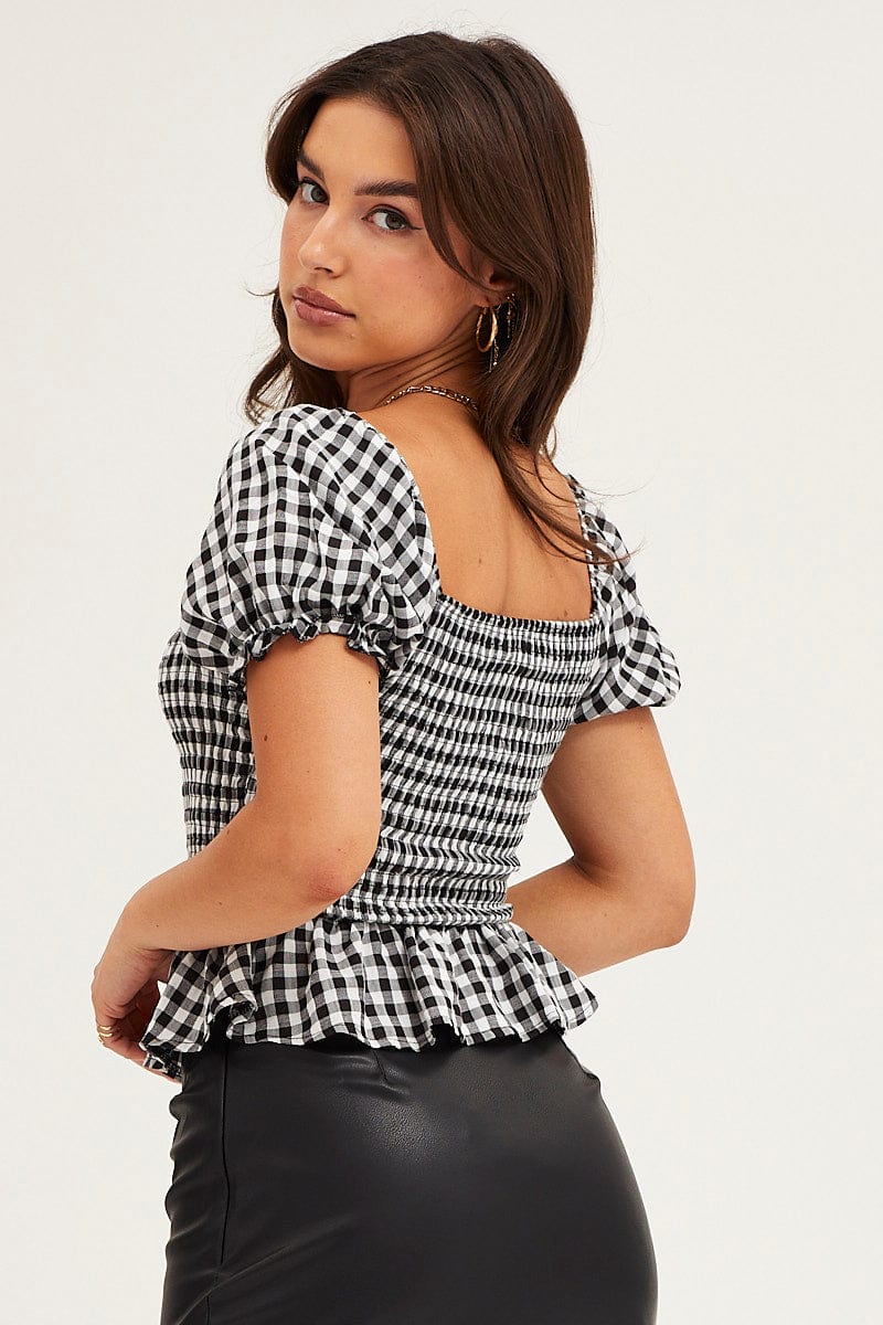 Check Gingham Puff Sleeve Shirred Top