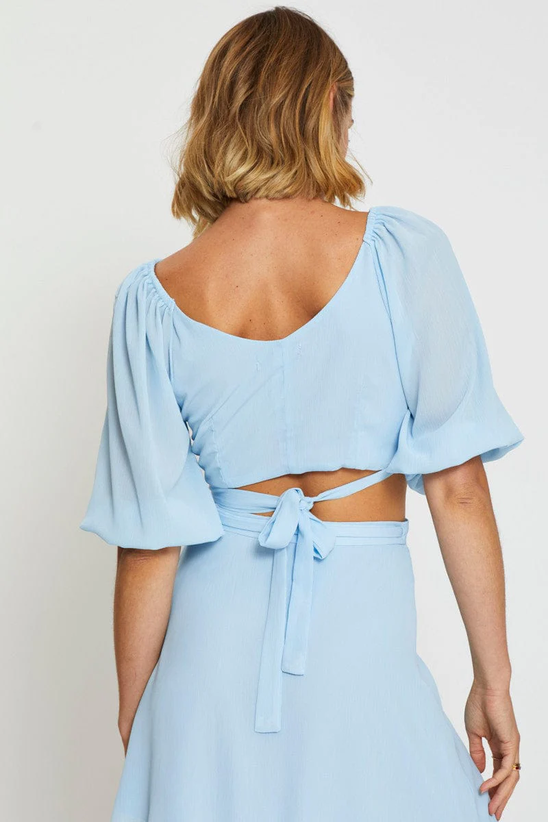 Blue Wrap Top Off Shoulder Crop