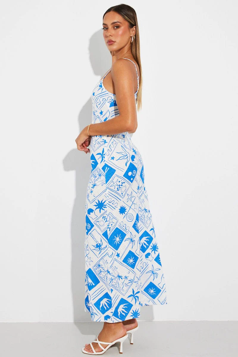 Blue Print Maxi Dress Bias Cut Linen Blend