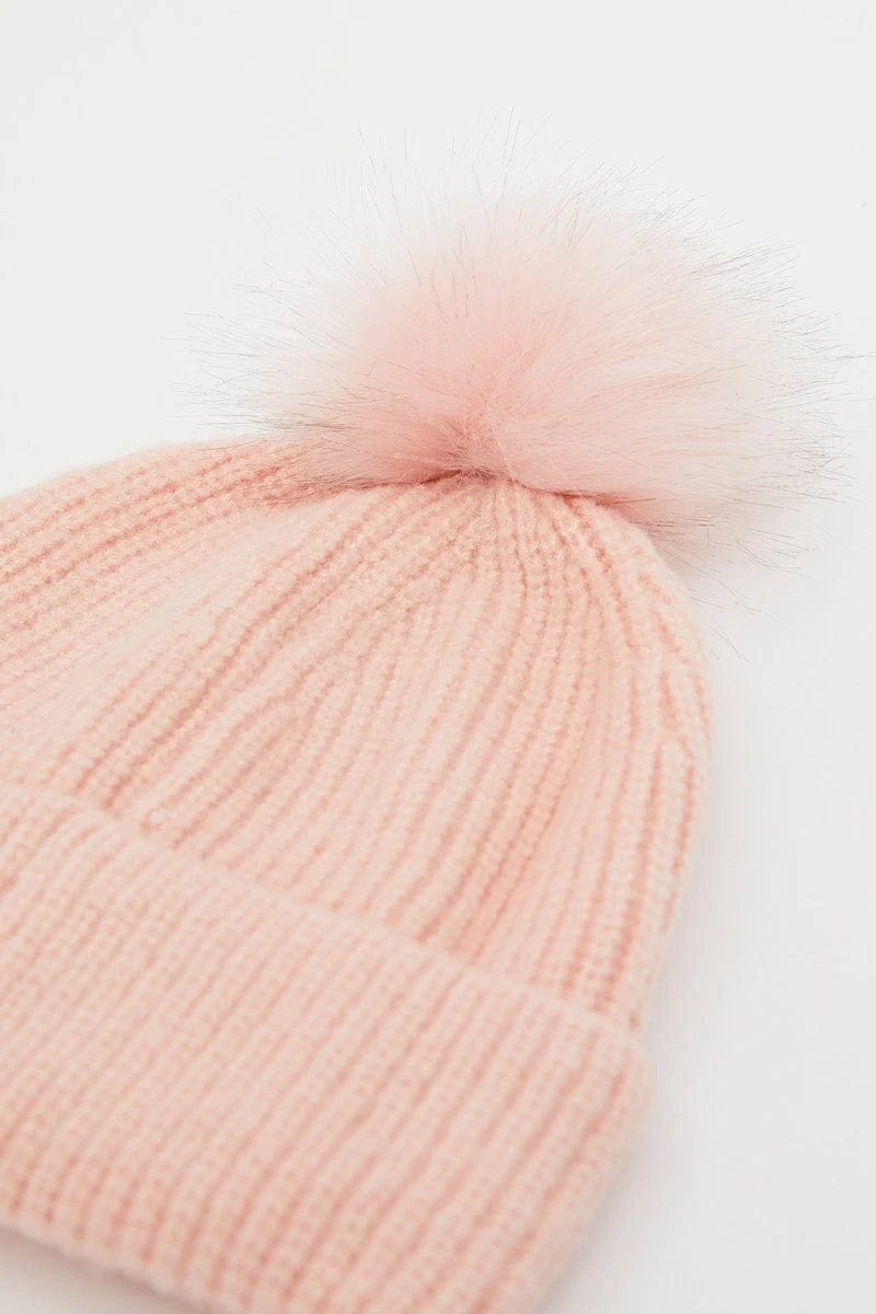 Pink Faux Fur Pom Pom Beanie