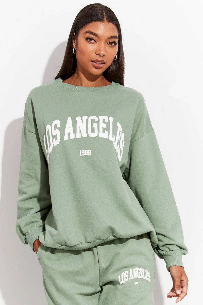 Green Graphic Sweater Long Sleeves
