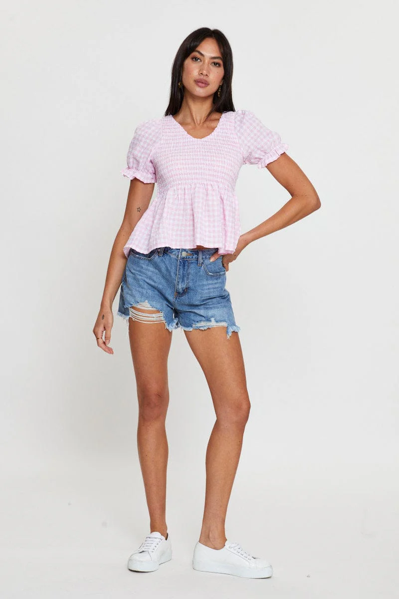 Check Puff Sleeve Top Short Sleeve
